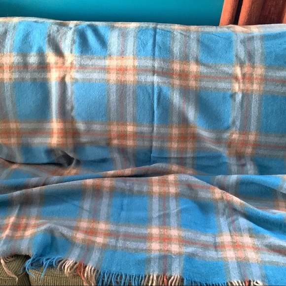 Vintage Wool Blanket Plaid Modern Farmhouse Throw Fringed Blue & Orange - Picture 4 of 9